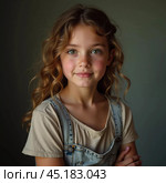 A young cute Caucasian girl residing in France is captured in a moment of reflection, her wavy hair falling gracefully around her shoulders while she exudes calm confidence. Generative AI. Стоковое AI-изображение, AI-художник Юлия Петровская / Фотобанк Лори