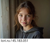 A young cute Caucasian girl residing in France is captured in a moment of reflection, her wavy hair falling gracefully around her shoulders while she exudes calm confidence. Generative AI. Стоковое AI-изображение, AI-художник Юлия Петровская / Фотобанк Лори