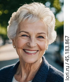 Sophisticated smiling older French woman in the open air. Demeanor reveals a lifetime of experiences and reflections, embodying grace and wisdom. Well-groomed woman 70 years old with grey hair. AI. Стоковое AI-изображение, AI-художник Юлия Петровская / Фотобанк Лори