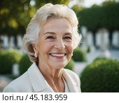 Sophisticated smiling older French woman in the open air. Demeanor reveals a lifetime of experiences and reflections, embodying grace and wisdom. Well-groomed woman 70 years old with grey hair. AI. Стоковое AI-изображение, AI-художник Юлия Петровская / Фотобанк Лори