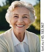 Sophisticated smiling older French woman in the open air. Demeanor reveals a lifetime of experiences and reflections, embodying grace and wisdom. Well-groomed woman 70 years old with grey hair. AI. Стоковое AI-изображение, AI-художник Юлия Петровская / Фотобанк Лори