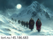 A group of people dressed in traditional fur clothing walking through a snowy mountainous terrain at night. The moon brightly illuminates the path, creating a dramatic contrast against the majestic mountain peaks. The heavy snow and cold highlight the harsh conditions the group is in. Bows and quivers of arrows are visible on the backs of the people, which may indicate that they are hunters or warriors. The photograph conveys an atmosphere of survival, adventure and exploration in the wilderness and extreme climates. Стоковое AI-изображение, AI-художник Анна Кривицкая / Фотобанк Лори