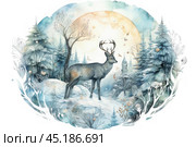 A fantasy winter scene with a deer standing in a snowy clearing in the middle of a magical forest. The painting is done in the style of a watercolor illustration, with soft pastel shades of blue, white and silver. In the background, spruce trees are visible, and in the distance, a mysterious tower rises, surrounded by a mystical glow. The forest is covered in a light blanket of snow, and leaves and snowflakes float in the air, creating a sense of magic and mystery. The rounded composition gives the image completeness and harmony, immersing the viewer in a fairy tale world. Стоковое AI-изображение, AI-художник Анна Кривицкая / Фотобанк Лори