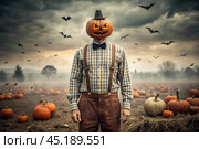 The concept of the Halloween holiday. Horror. Fear. A scary scarecrow with a pumpkin for a head, in a plaid shirt and a bow tie. Banner, postcard. Стоковое AI-изображение, AI-художник Photojuli / Фотобанк Лори