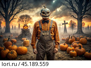 The concept of the Halloween holiday. Horror. Fear. A scary scarecrow with a pumpkin for a head, in a plaid shirt and a bow tie. Banner, postcard. Стоковое AI-изображение, AI-художник Photojuli / Фотобанк Лори