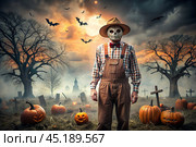 The concept of the Halloween holiday. Horror. Fear. A scary scarecrow with a pumpkin for a head, in a plaid shirt and a bow tie. Banner, postcard. Стоковое AI-изображение, AI-художник Photojuli / Фотобанк Лори