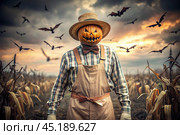 The concept of the Halloween holiday. Horror. Fear. A scary scarecrow with a pumpkin for a head, in a plaid shirt and a bow tie. Banner, postcard. Стоковое AI-изображение, AI-художник Photojuli / Фотобанк Лори