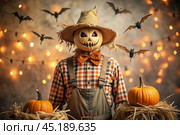 The concept of the Halloween holiday. Horror. Fear. A scary scarecrow with a pumpkin for a head, in a plaid shirt and a bow tie. Banner, postcard. Стоковое AI-изображение, AI-художник Photojuli / Фотобанк Лори