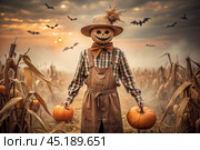 The concept of the Halloween holiday. Horror. Fear. A scary scarecrow with a pumpkin for a head, in a plaid shirt and a bow tie. Banner, postcard. Стоковое AI-изображение, AI-художник Photojuli / Фотобанк Лори