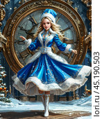 Snow Maiden on the background of the New Year's clock. New Year's decor. Festive atmosphere of the New Year. Стоковое AI-изображение, AI-художник Сергей Елизарьев / Фотобанк Лори