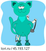 Cat with a slingshot cartoon illustration. Kitten hooligan cartoon comic illustration. Cat bully cartoon illustration. Стоковая иллюстрация, иллюстратор Сергей Костюк / Фотобанк Лори