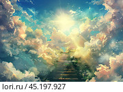 A breathtaking heavenly ascent, an unearthly staircase leading to the sky, shrouded in serene light and tranquility. Стоковое AI-изображение, AI-художник Ярославский Максим / Фотобанк Лори