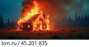 Intense house fire at dusk, rural home engulfed in flames, smoke rising, isolated on field with forest silhouette background, emergency situation. Стоковое AI-изображение, AI-художник Павел Муравьев / Фотобанк Лори