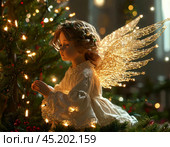 Little angel on a Christmas tree. Christmas Eve is the day before the Nativity of Christ. Christmas Eve falls on January 6 (December 24). Christmas card. Стоковое AI-изображение, AI-художник Сергей Елизарьев / Фотобанк Лори