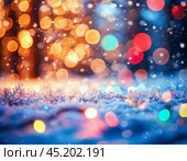 Sparkling fallen snow against the background of multi-colored lights. Festive atmosphere of the New Year. New Year's background for creativity. Стоковое AI-изображение, AI-художник Сергей Елизарьев / Фотобанк Лори