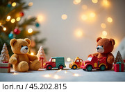 Два мишки тедди, сидят с новогодними игрушками, новогодними подарками, возле ёлки, для открытки. Two teddy bears are sitting with New Year's toys, New Year's gifts, near the Christmas tree, for a postcard. Стоковое AI-изображение, AI-художник Наталья Пеньшина / Фотобанк Лори