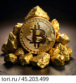 A shiny gold Bitcoin sits among gleaming gold nuggets on a dark background, representing the fusion of digital currency with traditional wealth. Стоковое AI-изображение, AI-художник Ольга Игнашина / Фотобанк Лори