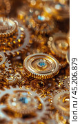 Close-Up of Gold Gears. Стоковое AI-изображение, AI-художник Юлия Гапеенко / Фотобанк Лори