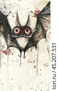 Creative artistic illustration of a bat in watercolor technique. The bat is depicted with large red eyes against a background of chaotic splashes of paint and abstract spots, creating the impression of dynamic movement. The wings of the bat are spread wide, emphasizing its presence. The style of the image combines elements of fantasy and surrealism, adding mystery and enigma to the illustration. Стоковое AI-изображение, AI-художник Анна Кривицкая / Фотобанк Лори