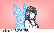 Vector beautiful young chic cute shy big-eyed kawaii fairy with blue wings on pink background. Graphic portrait of a lady. Стоковая иллюстрация, иллюстратор GAlexS / Фотобанк Лори