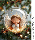 Little angel on the tree, Christmas tree toy, ball. Christmas card. Стоковое AI-изображение, AI-художник Сергей Елизарьев / Фотобанк Лори