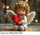 Little angel at the Christmas tree. Colorful New Year toys, papier-mache. Christmas card. Стоковое AI-изображение, AI-художник Сергей Елизарьев / Фотобанк Лори