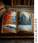 Open fairy tale book on Christmas night. New Year's decor. Festive New Year's atmosphere. Стоковое AI-изображение, AI-художник Сергей Елизарьев / Фотобанк Лори