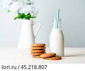 Chocolate oatmeal cookies and milk. Стоковое фото, фотограф Natalia Gdovskaia / Фотобанк Лори