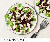 beetroot salad with feta, cheese, walnuts, corn salad and Brined cheese, pickled on white table, top view. Стоковое фото, фотограф Natalia Gdovskaia / Фотобанк Лори