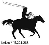Cowboy holding a lasso rides a horse, isolated vector silhouette. Стоковая иллюстрация, иллюстратор Долотова Елена Викторовна / Фотобанк Лори