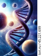 DNA helix intertwines with cosmic elements, symbolizing the universe's genetic code, AI. Стоковое AI-изображение, AI-художник Сергей Старуш / Фотобанк Лори