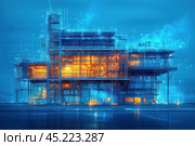 An impressive architectural visualization or technical drawing of an industrial facility, executed in the style of a techno-sketch. The building is depicted in bright blue tones, which emphasize its high-tech structure, with elements of orange lighting, which creates the impression of an active production process inside. The image combines clear lines, reminiscent of blueprints, and detailed elements of the building. It symbolizes modern industry, technology and a high degree of engineering precision. The object looks massive and complex in design, and the lighting inside adds an atmosphere of technical modernization. Стоковое AI-изображение, AI-художник Анна Кривицкая / Фотобанк Лори
