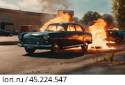 Burning car. Fire of a passenger car in a city parking lot. Fire in the engine compartment, short circuit in the wiring. Open fire and black smoke. Road incident. Gangster mafia wars, AI. Стоковое AI-изображение, AI-художник Sergey Grishin / Фотобанк Лори