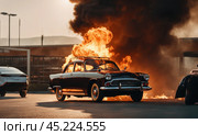 Burning car. Fire of a passenger car in a city parking lot. Fire in the engine compartment, short circuit in the wiring. Open fire and black smoke. Road incident. Gangster mafia wars, AI. Стоковое AI-изображение, AI-художник Sergey Grishin / Фотобанк Лори
