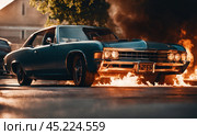 Burning car. Fire of a passenger car in a city parking lot. Fire in the engine compartment, short circuit in the wiring. Open fire and black smoke. Road incident. Gangster mafia wars, AI. Стоковое AI-изображение, AI-художник Sergey Grishin / Фотобанк Лори