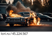 Burning car. Fire of a passenger car in a city parking lot. Fire in the engine compartment, short circuit in the wiring. Open fire and black smoke. Road incident. Gangster mafia wars, AI. Стоковое AI-изображение, AI-художник Sergey Grishin / Фотобанк Лори