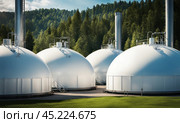 White spherical tanks for storing hydrogen gas at outdoor storage facility. Natural gas tank - LNG or liquefied natural Industrial Spherical gas storage equipment. Gas tank farm in petroleum refinery, AI. Стоковое AI-изображение, AI-художник Sergey Grishin / Фотобанк Лори