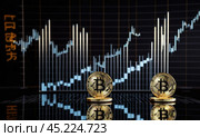 Bitcoin to the moon, bullish BTC, investment in BTC cryptocurrency increases high value, abstract, gold medal floating, candlestick graphs and bright green arrows on the back, AI. Стоковое AI-изображение, AI-художник Sergey Grishin / Фотобанк Лори