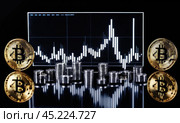 Bitcoin to the moon, bullish BTC, investment in BTC cryptocurrency increases high value, abstract, gold medal floating, candlestick graphs and bright green arrows on the back, AI. Стоковое AI-изображение, AI-художник Sergey Grishin / Фотобанк Лори