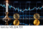 Bitcoin to the moon, bullish BTC, investment in BTC cryptocurrency increases high value, abstract, gold medal floating, candlestick graphs and bright green arrows on the back, AI. Стоковое AI-изображение, AI-художник Sergey Grishin / Фотобанк Лори