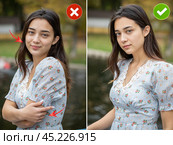 Pursed lips are an obvious mistake for portrait photography. Common mistakes in female posing and how to avoid them. Стоковое фото, фотограф Андрей Аркуша / Фотобанк Лори