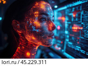 Profile of a girl with digital elements superimposed on her face and neck, symbolizing the fusion of man and technology. The girl's face is illuminated by bright LED details in red and blue tones, creating the effect of a futuristic interface. The background is made in dark tones with bright screens and lines, creating an atmosphere of high technology and artificial intelligence. Стоковое AI-изображение, AI-художник Анна Кривицкая / Фотобанк Лори