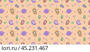 Vector seamless pattern. Color cartoon children astronauts, planets, comets and stars. Kids cosmonauts. Стоковая иллюстрация, иллюстратор GAlexS / Фотобанк Лори