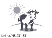 Vector cute cartoon graphic simple smiling spotted monochrome cow with horns. Radiant sun. White isolated background. Стоковая иллюстрация, иллюстратор GAlexS / Фотобанк Лори