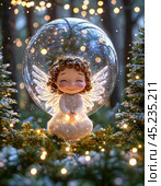 Little angel on the tree, Christmas tree toy, ball. Christmas card. Стоковое AI-изображение, AI-художник Сергей Елизарьев / Фотобанк Лори