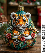 Striped tiger cub on the branches of a Christmas tree, bright Christmas tree toy. New Year's decor. Festive New Year's atmosphere. Стоковое AI-изображение, AI-художник Сергей Елизарьев / Фотобанк Лори