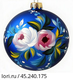 Blue Christmas ball with flowers highlighted on a white background, hand-painted. Стоковое AI-изображение, AI-художник Елена Зубкова / Фотобанк Лори
