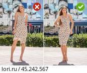 Collage two photos. Common mistakes in female posing and how to avoid them. Стоковое фото, фотограф Андрей Аркуша / Фотобанк Лори