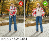 Obvious mistake - crossing arms closed posture. Common mistakes in female posing and how to avoid them. Стоковое фото, фотограф Андрей Аркуша / Фотобанк Лори