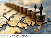 Stacks of coins with miniature figures of people on them. The coins are arranged on a world map, symbolizing global finance, economics, and international cooperation. The image is associated with the concept of economic growth, investment, and financial planning. Стоковое AI-изображение, AI-художник Анна Кривицкая / Фотобанк Лори